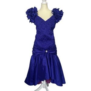 Vintage 80s Betsy & Adam Purple Prom Dress Floral Shoulder Party Gown 13/14